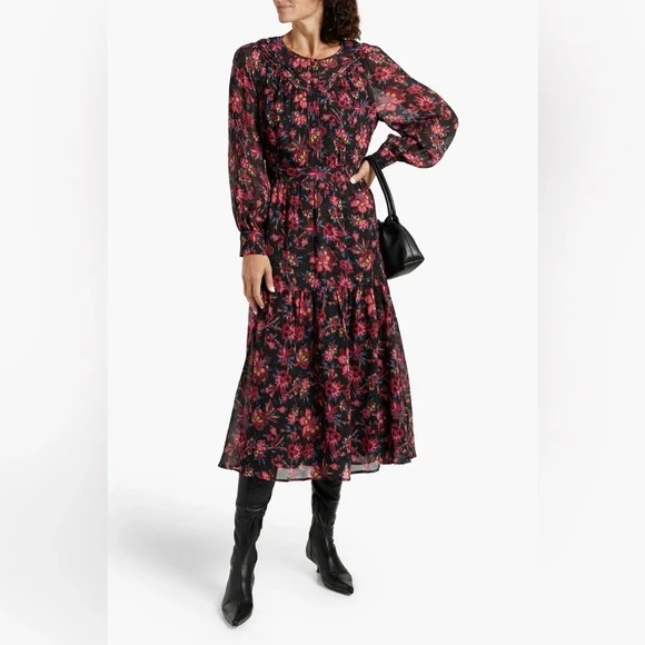 NWT Derek Lam 10 Crosby Tracy Black Floral Printed Midi Dress, Size 14 - Picture 2 of 13